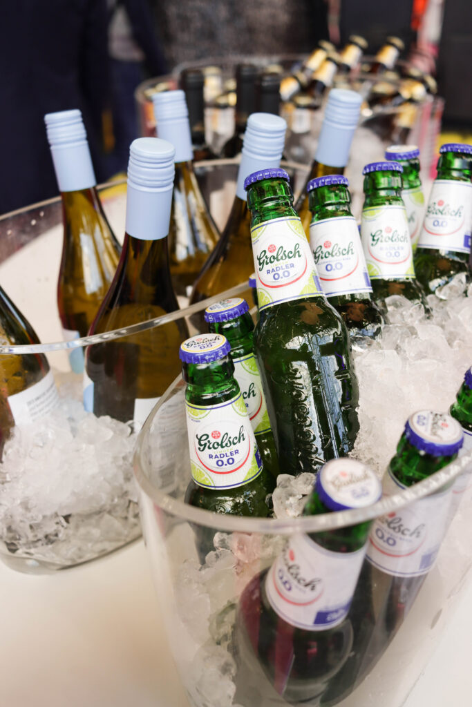 Grolsch alcohol free beers and Awatere Sauvignon Blanc placed in wine coolers with crushed ice