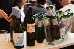 Wines and beers on a bar-buffet table